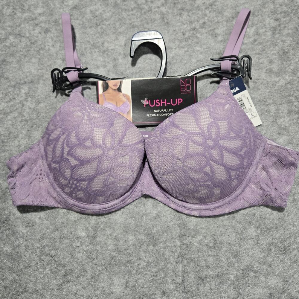 Nobo Bra 36A Purple Lace Padded Underwire Adjustable Clasp Back